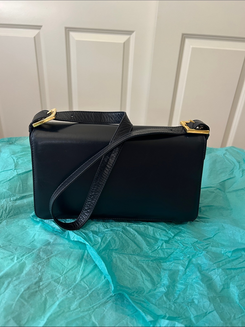 Rare Vintage Ballin Italy Baguette Dark Navy Leather Shoulder Bag Gold Accent